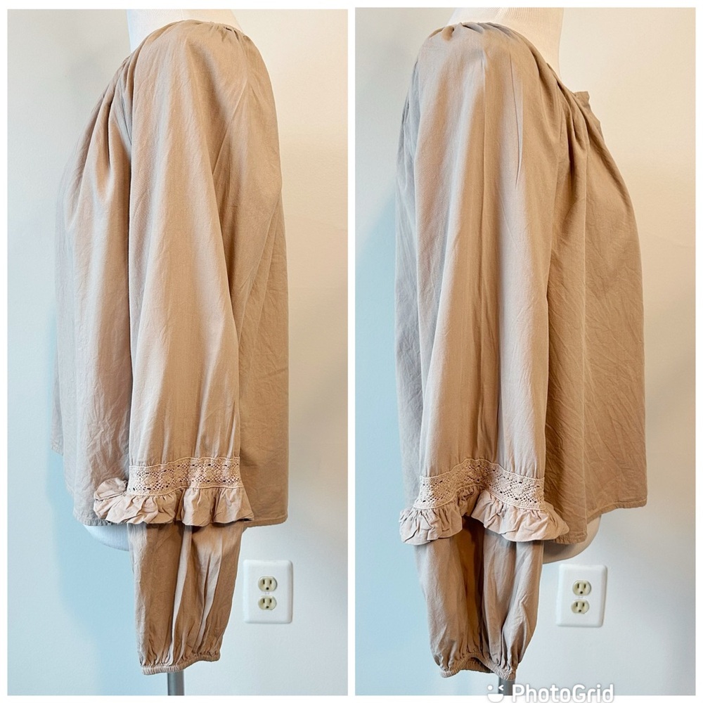 Evereve Elli Top Blouse Sandstone Poplin Blouson Crochet Balloon Sleeves, M - Picture 5 of 16